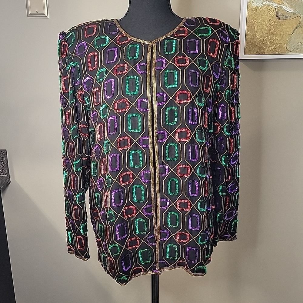 VINTAGE Beaded Drama Women's Sequin Multi Color Retro Bold Silk Jacket Sz L